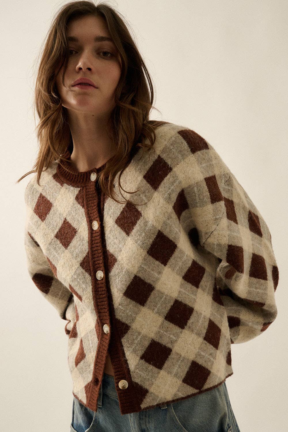 Plaid Jacquard-Knit Button-Front Crew-Neck Cardigan Sweater