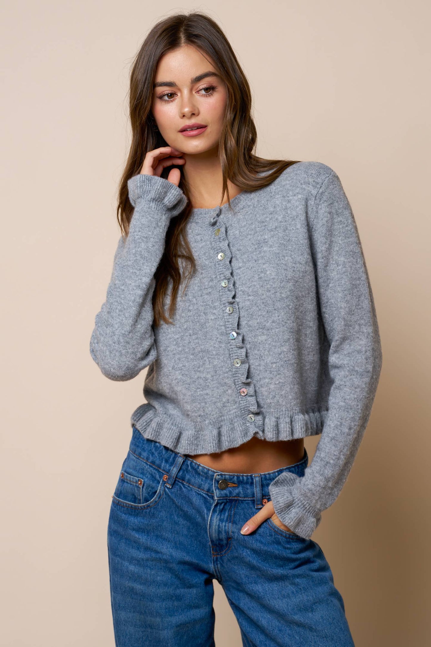 Ruffled Hem Long Sleeve Sweater Button-Down Cardigan