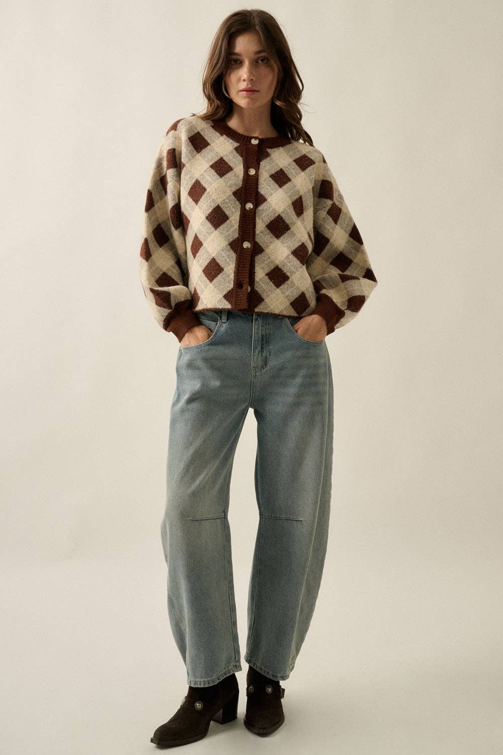 Plaid Jacquard-Knit Button-Front Crew-Neck Cardigan Sweater
