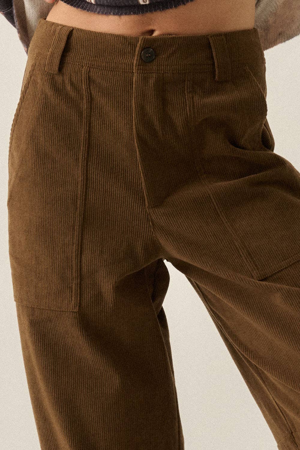 Solid Corduroy Pleated-Hem Pocket Barrel Pants