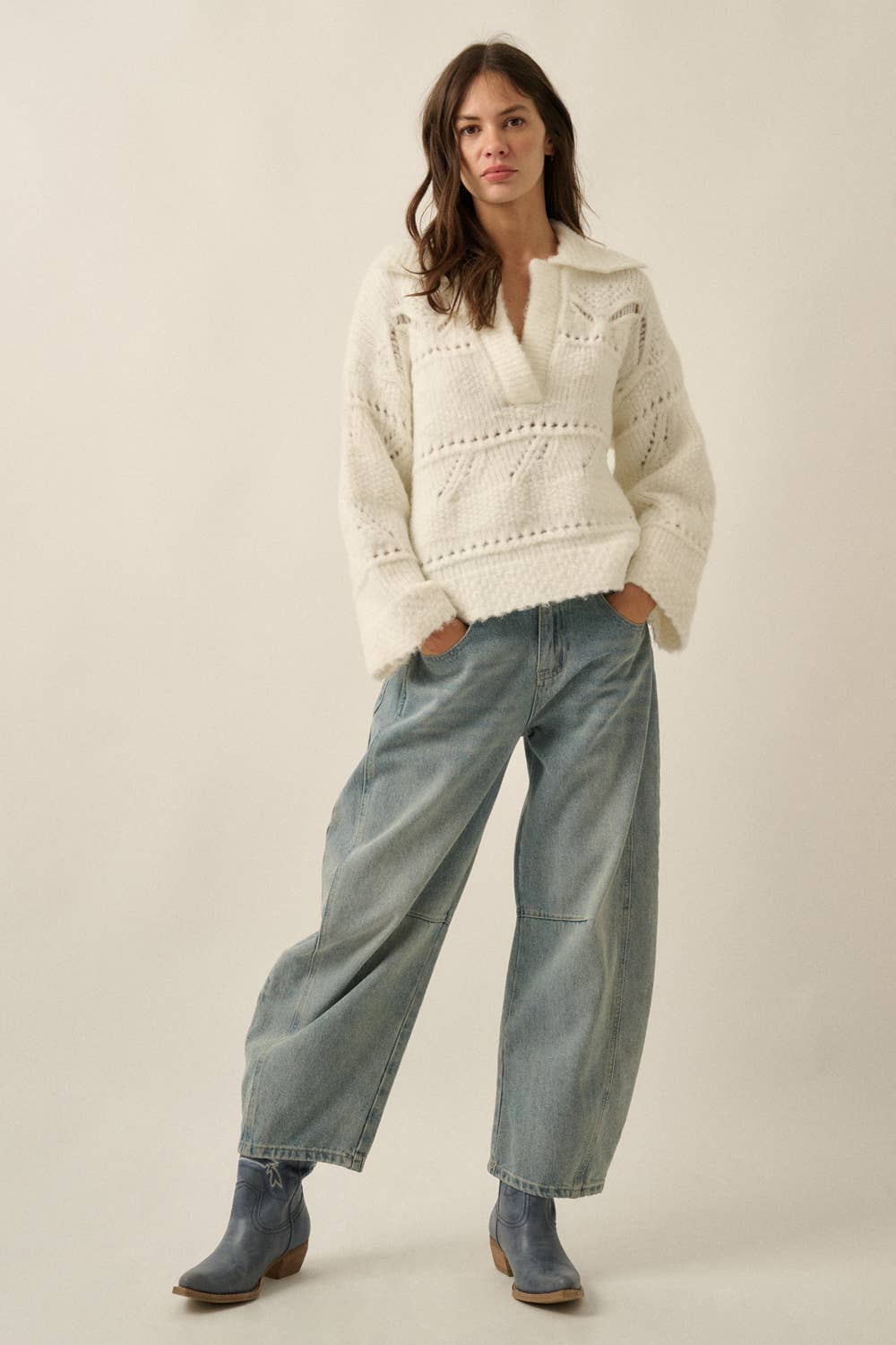 Fuzzy Pointelle Loose-Fit Sweater