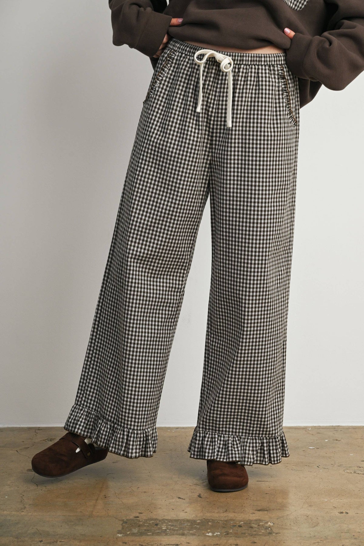 Gingham Ruffle Hem Wide Leg Pants