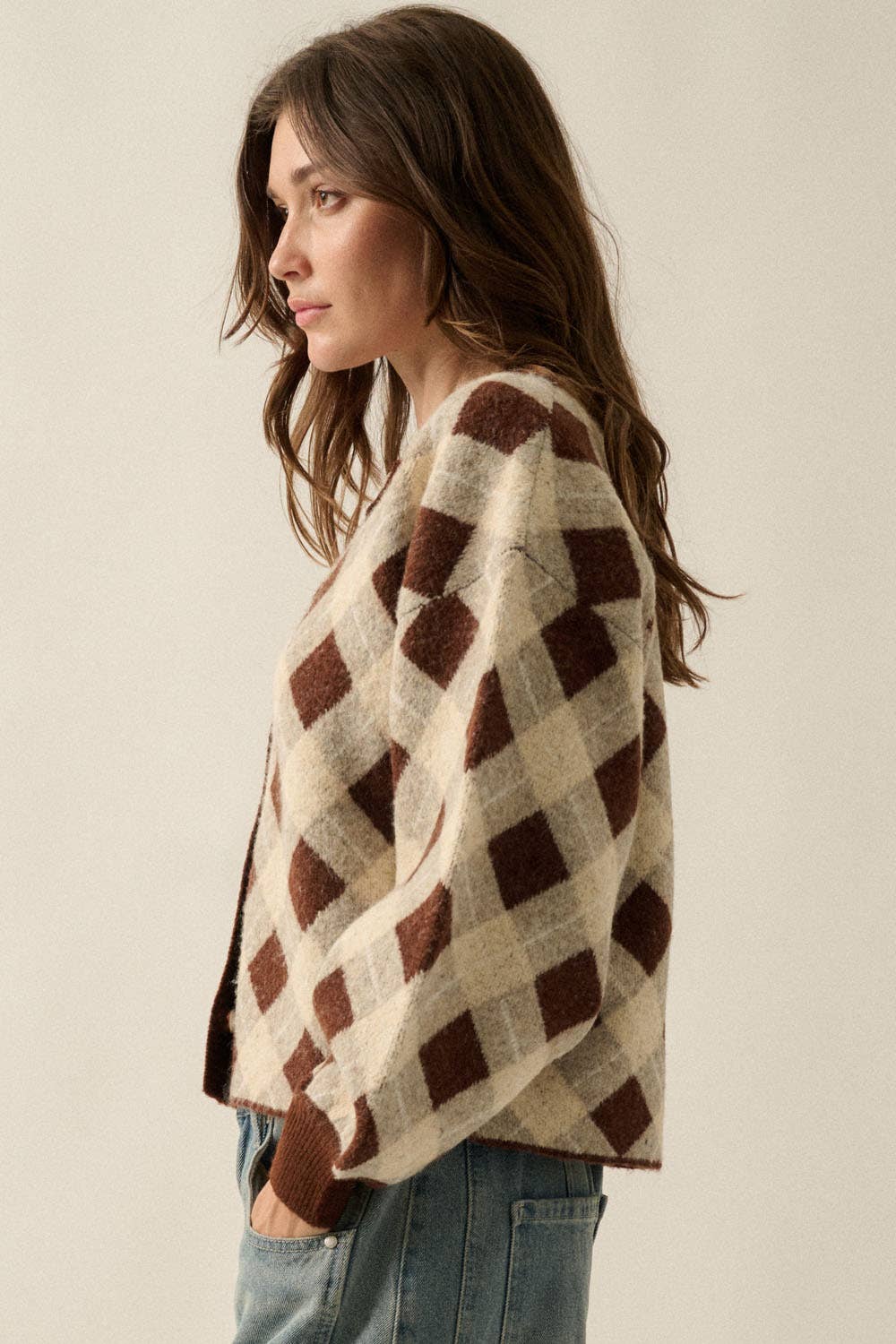 Plaid Jacquard-Knit Button-Front Crew-Neck Cardigan Sweater