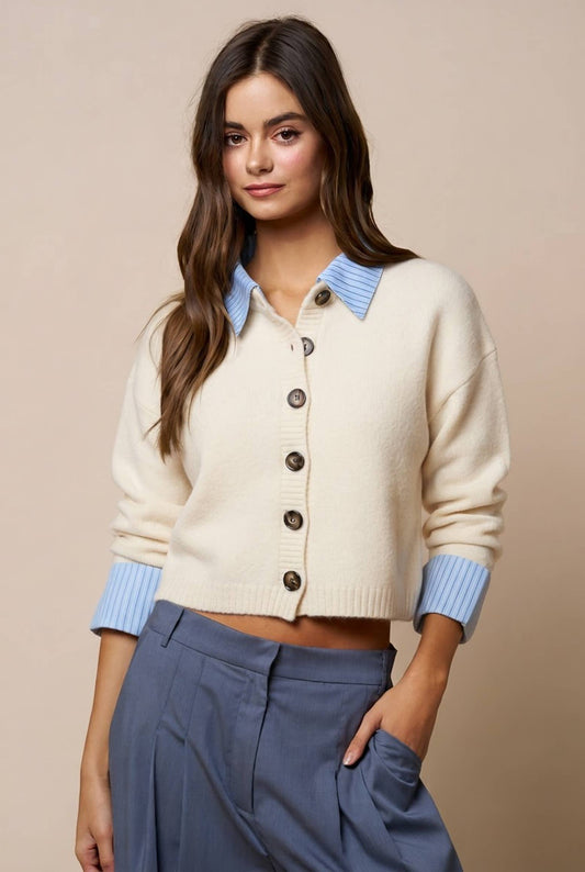 Stripe Trim Button Down Sweater Cardigan