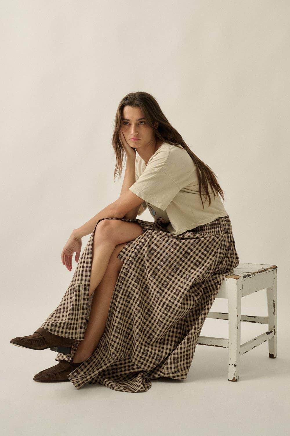 Woven Plaid Button-Front Ruffle-Hem Drawstring Maxi Skirt
