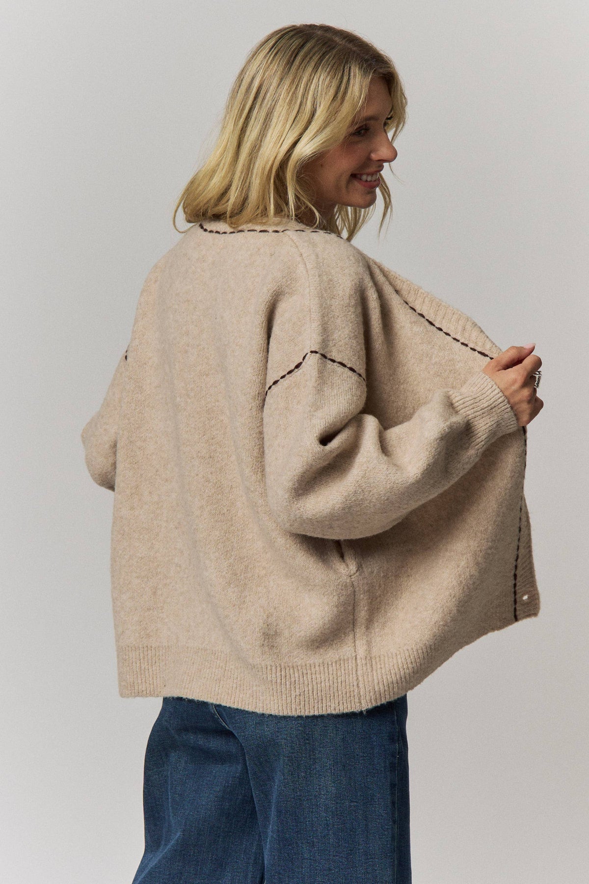 Contrast Stitch Button Front Cardigan- Taupe or Brown