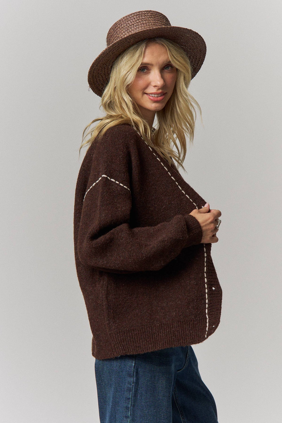 Contrast Stitch Button Front Cardigan- Taupe or Brown