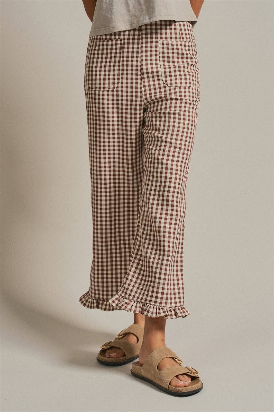 Gingham Ruffle Hem Cropped Wide Leg Pants