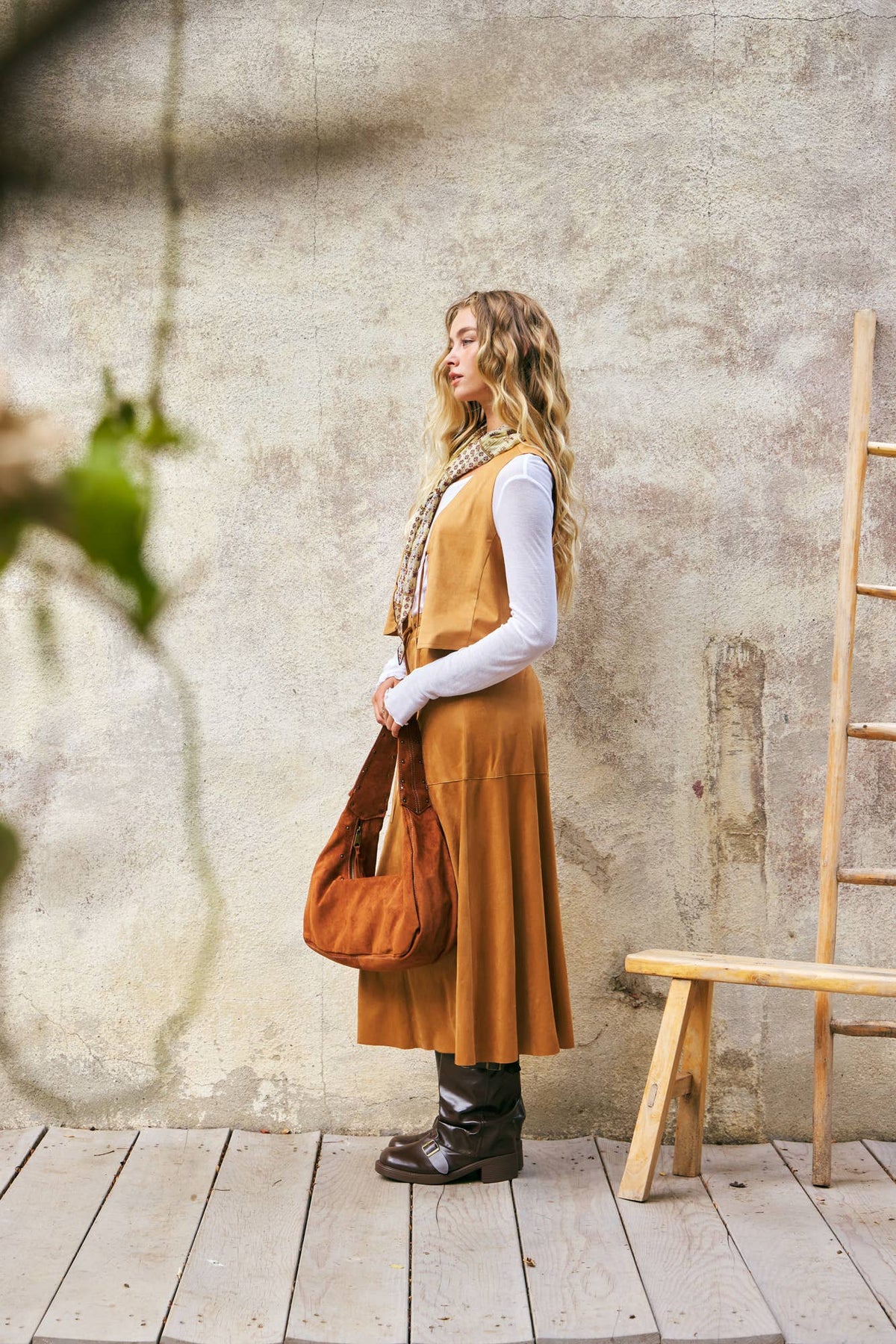 Drawstring Waist Sueded A-Line Skirt