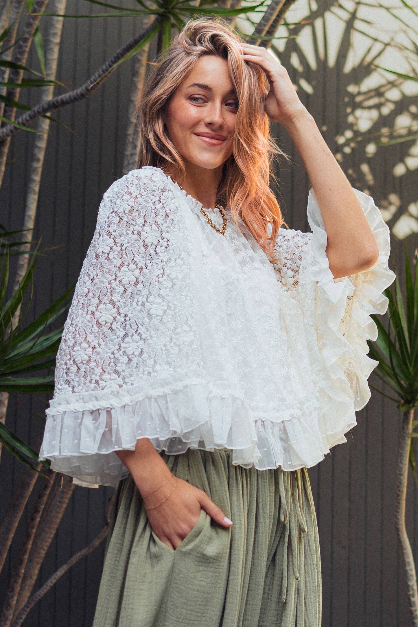 Swiss Dot Lace Flutter Sleeve Top