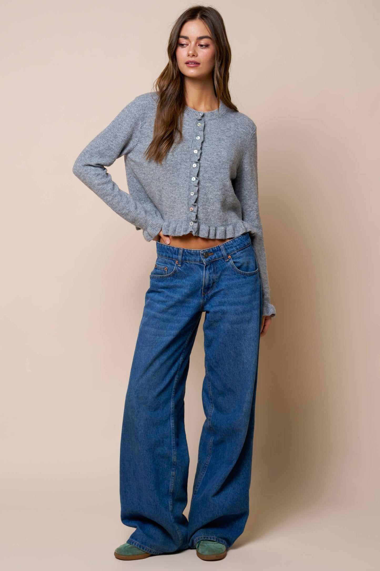 Ruffled Hem Long Sleeve Sweater Button-Down Cardigan