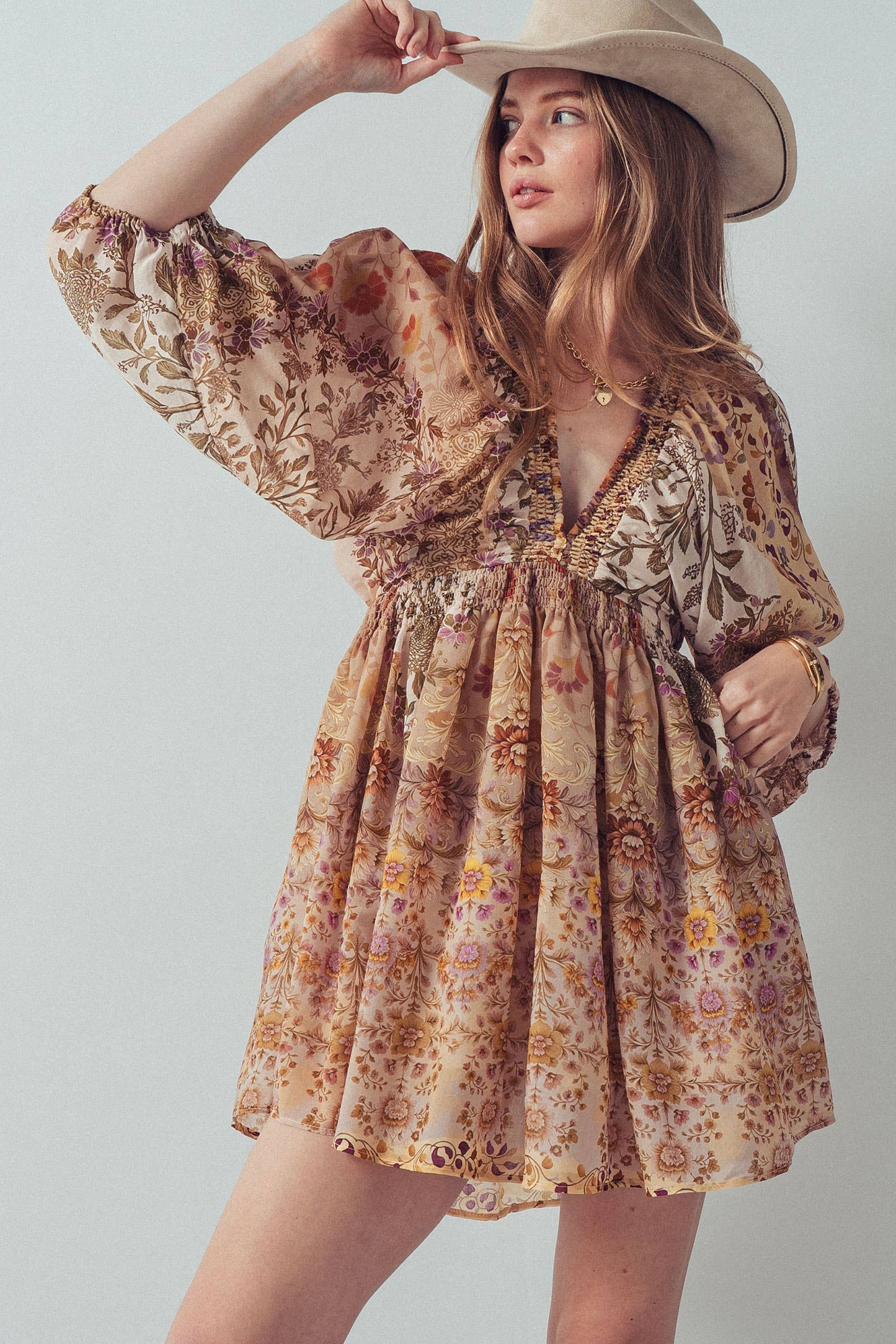 Mixed-Print Boho Smocked Waist Mini Dress