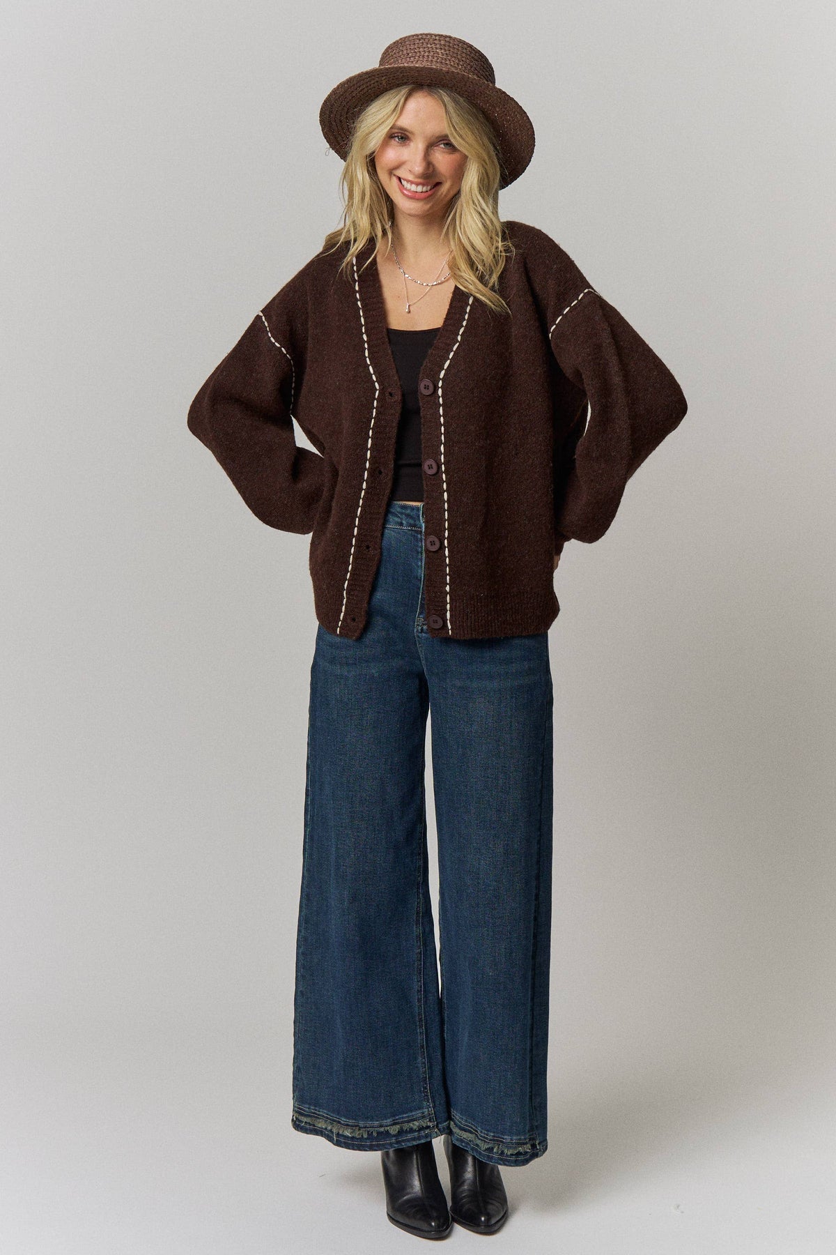 Contrast Stitch Button Front Cardigan- Taupe or Brown