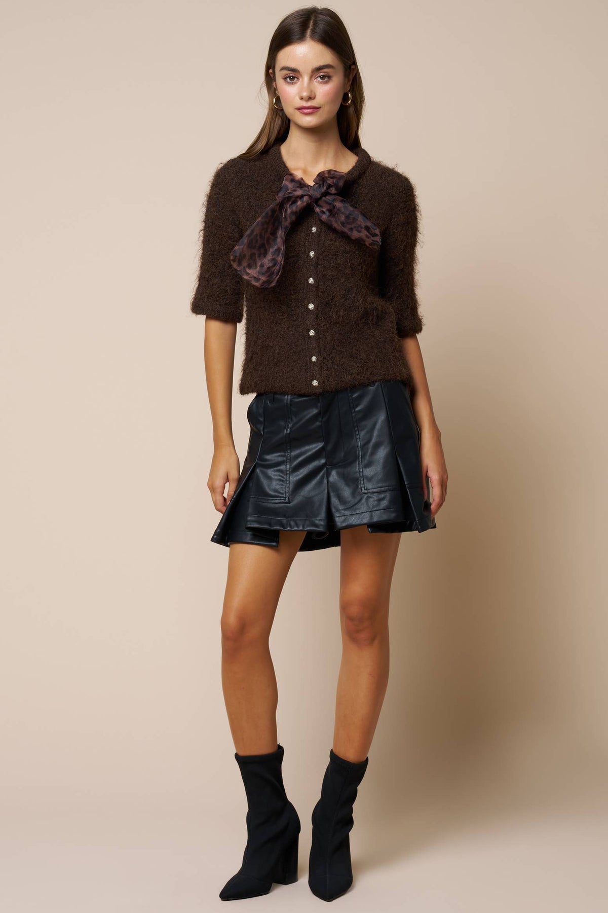Leopard Scarf Tie Button-Down Sweater Top