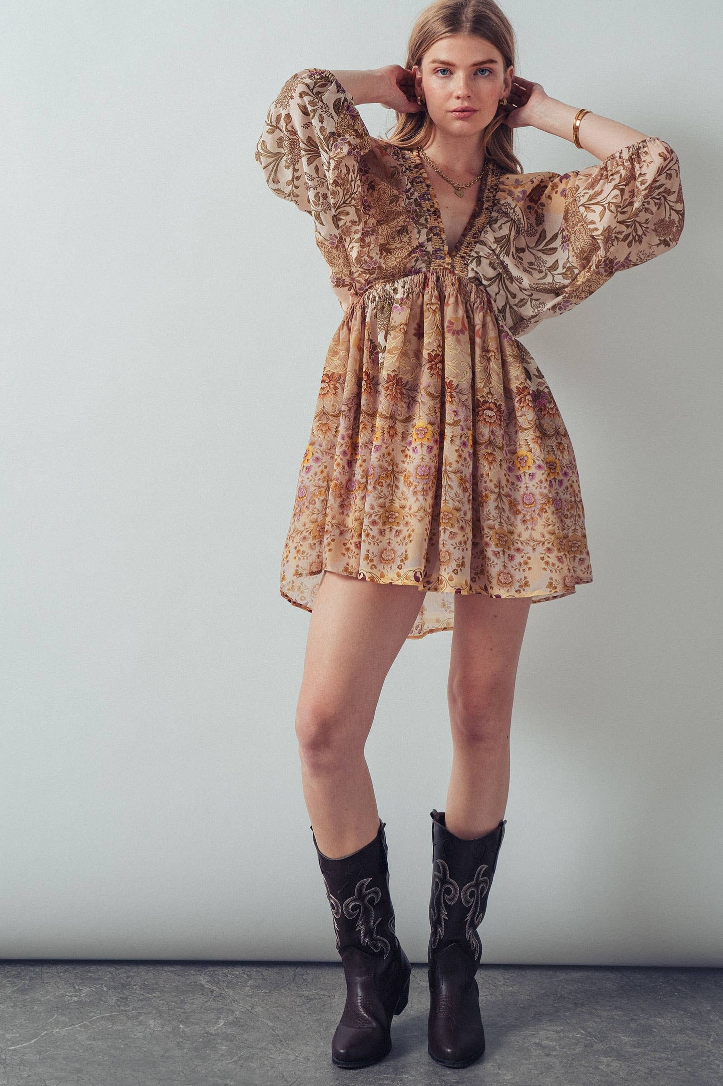 Mixed-Print Boho Smocked Waist Mini Dress