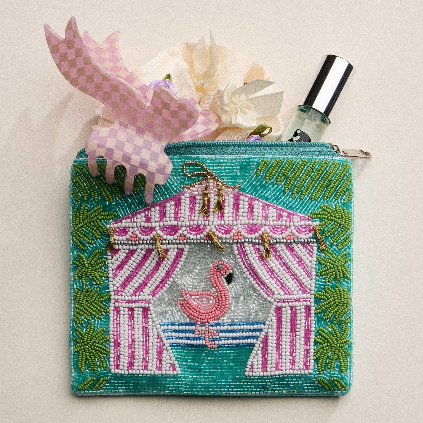 Hand-Beaded & Sequined “Tropical Flamingo” Coin Zip Pouch