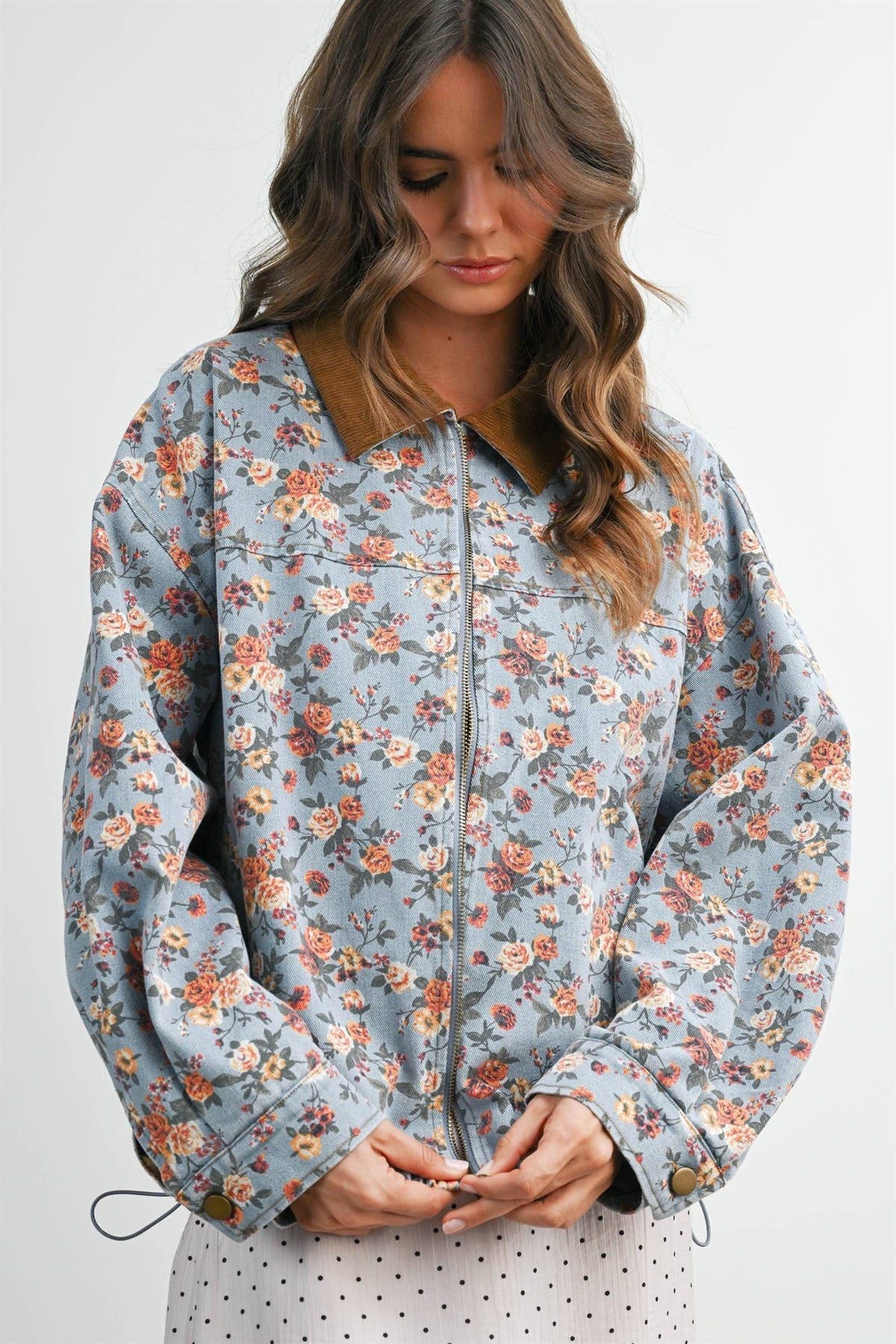 Floral Print Corduroy Collar Jacket