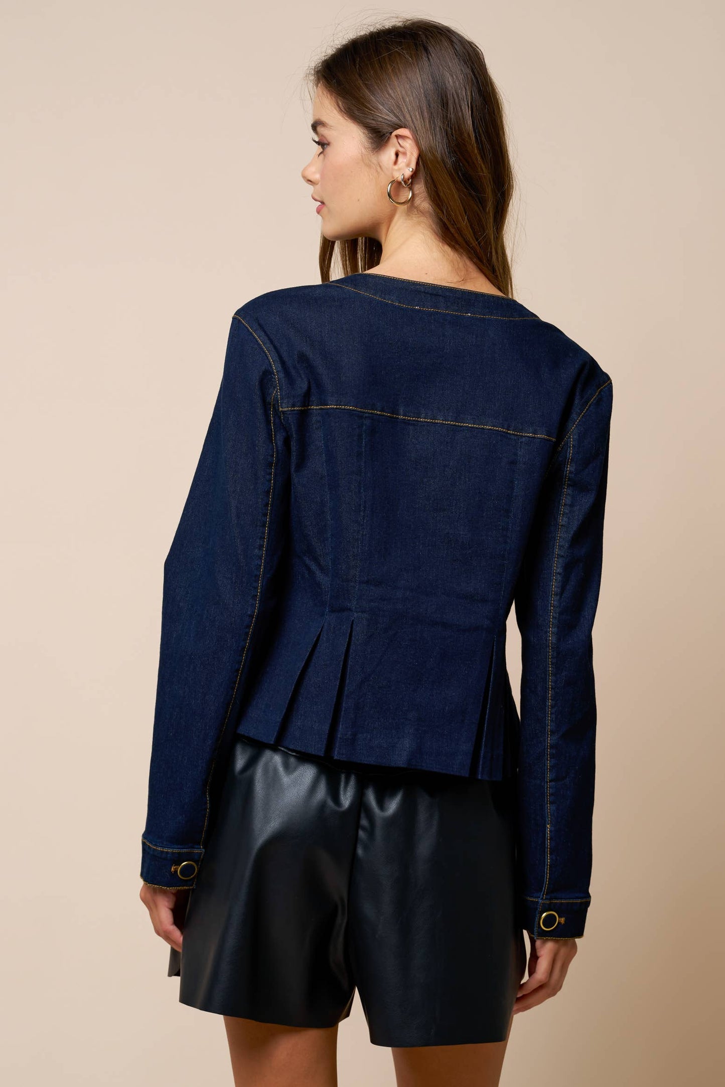 Denim Pleated Peplum Button Down Jacket
