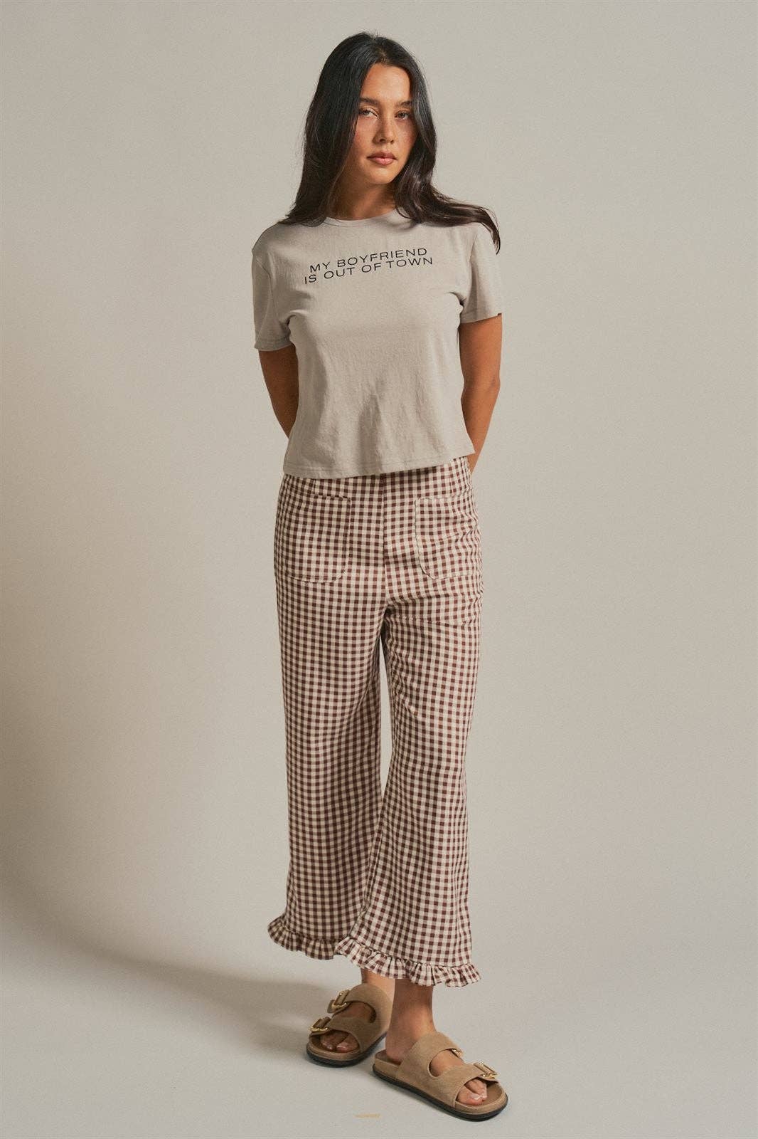 Gingham Ruffle Hem Cropped Wide Leg Pants