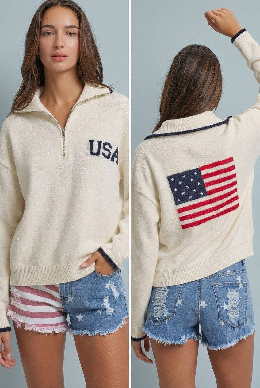 Americana Flag Quarter-Zip Knit Sweater