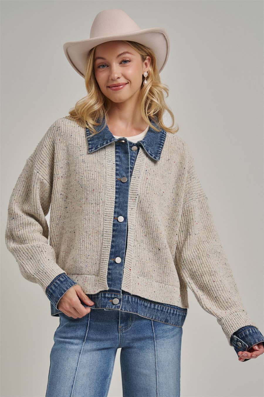 Sweater Jacket with Denim Trim