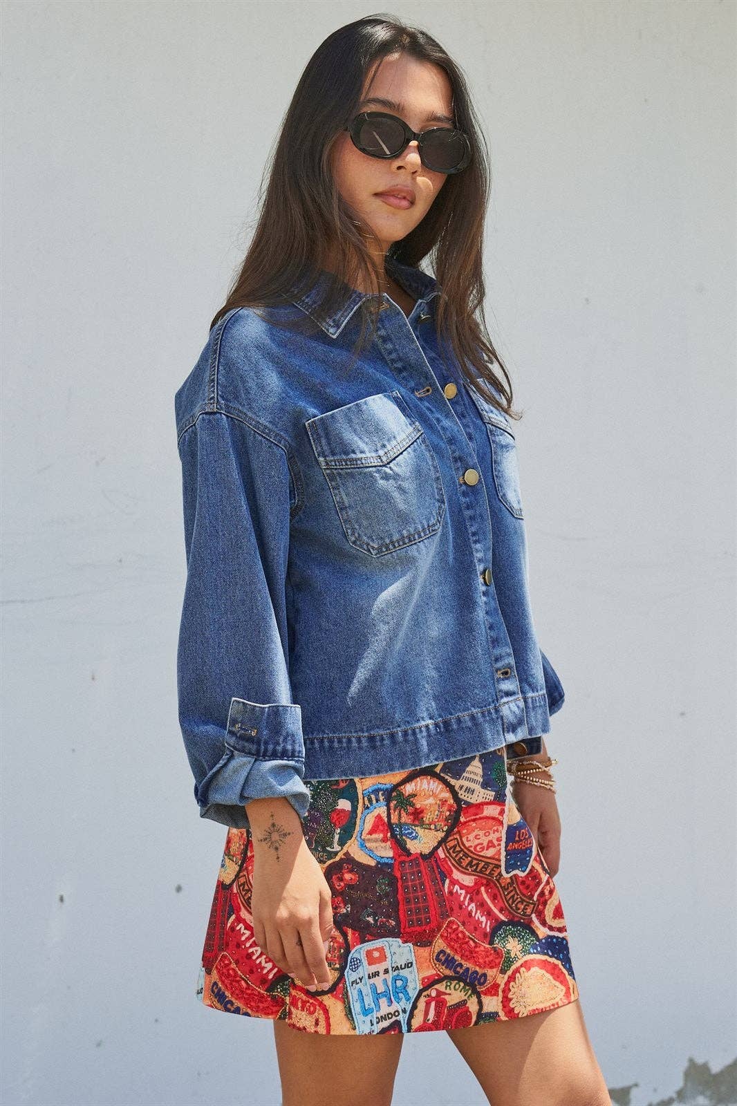 Vintage Wash Denim Shirt Jacket With Gold Buttons