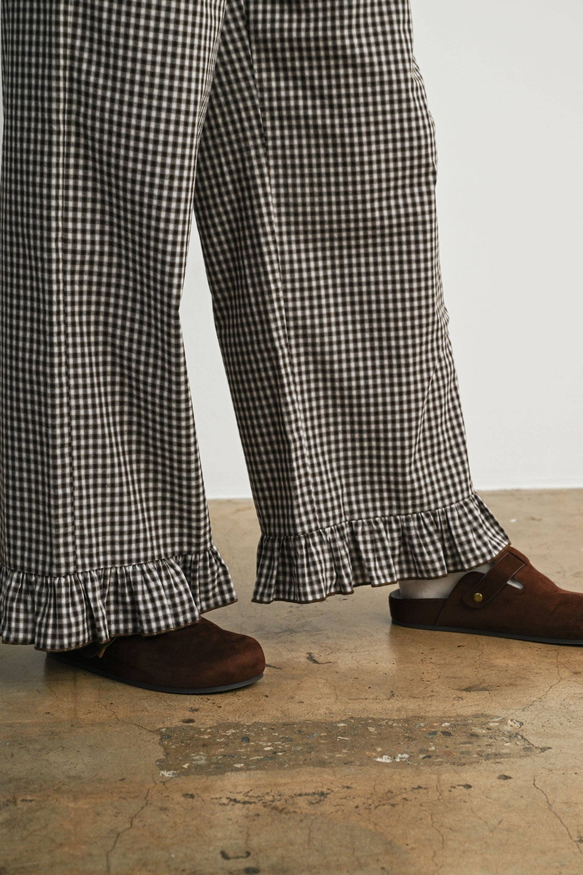 Gingham Ruffle Hem Wide Leg Pants
