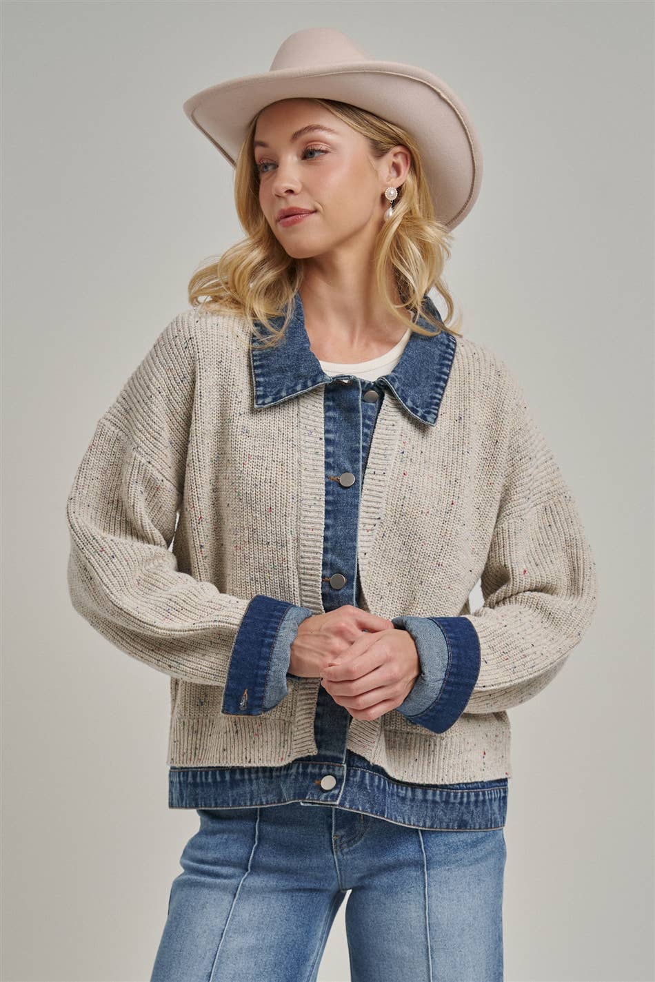 Sweater Jacket with Denim Trim