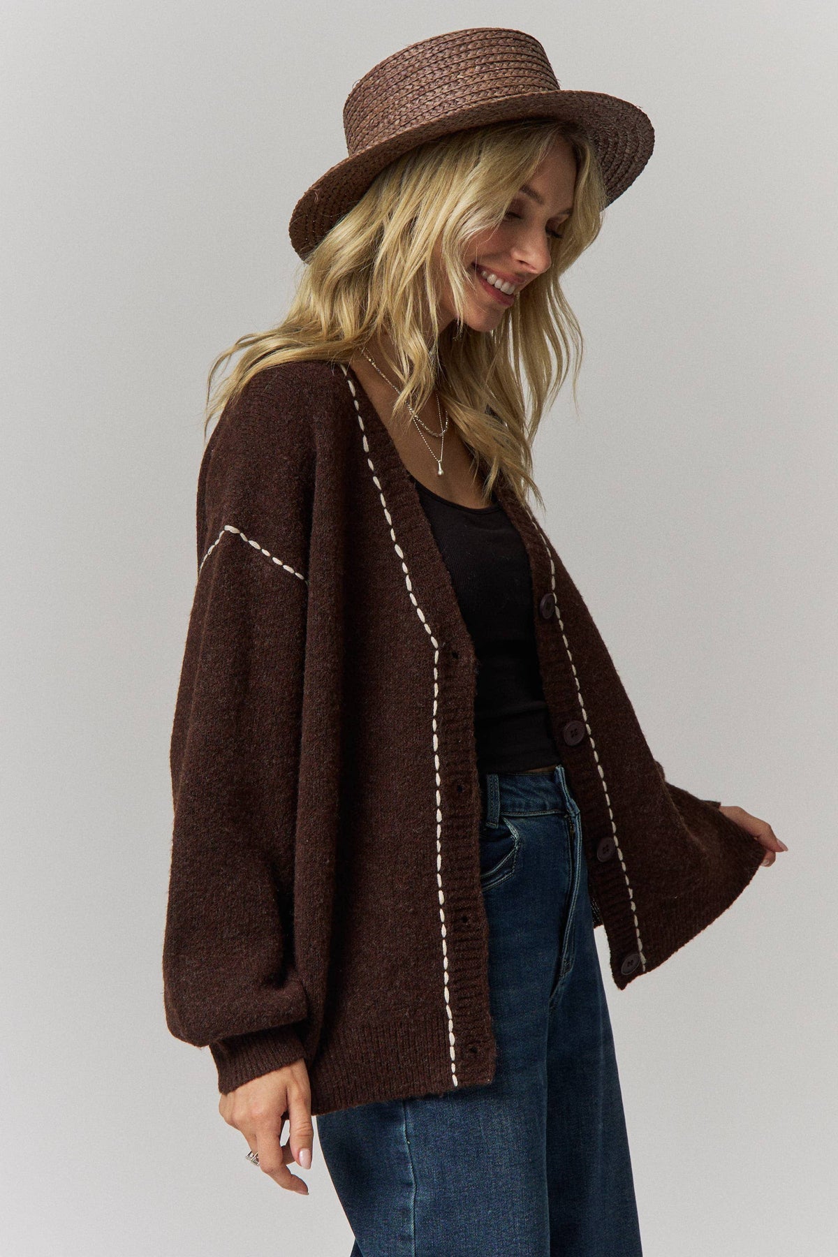 Contrast Stitch Button Front Cardigan- Taupe or Brown