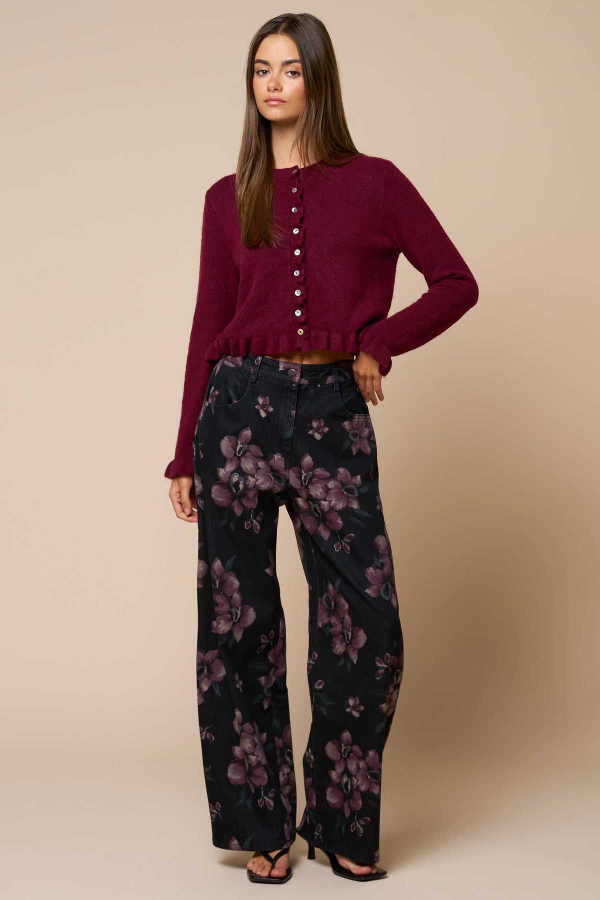 Ruffled Hem Long Sleeve Sweater Button-Down Cardigan