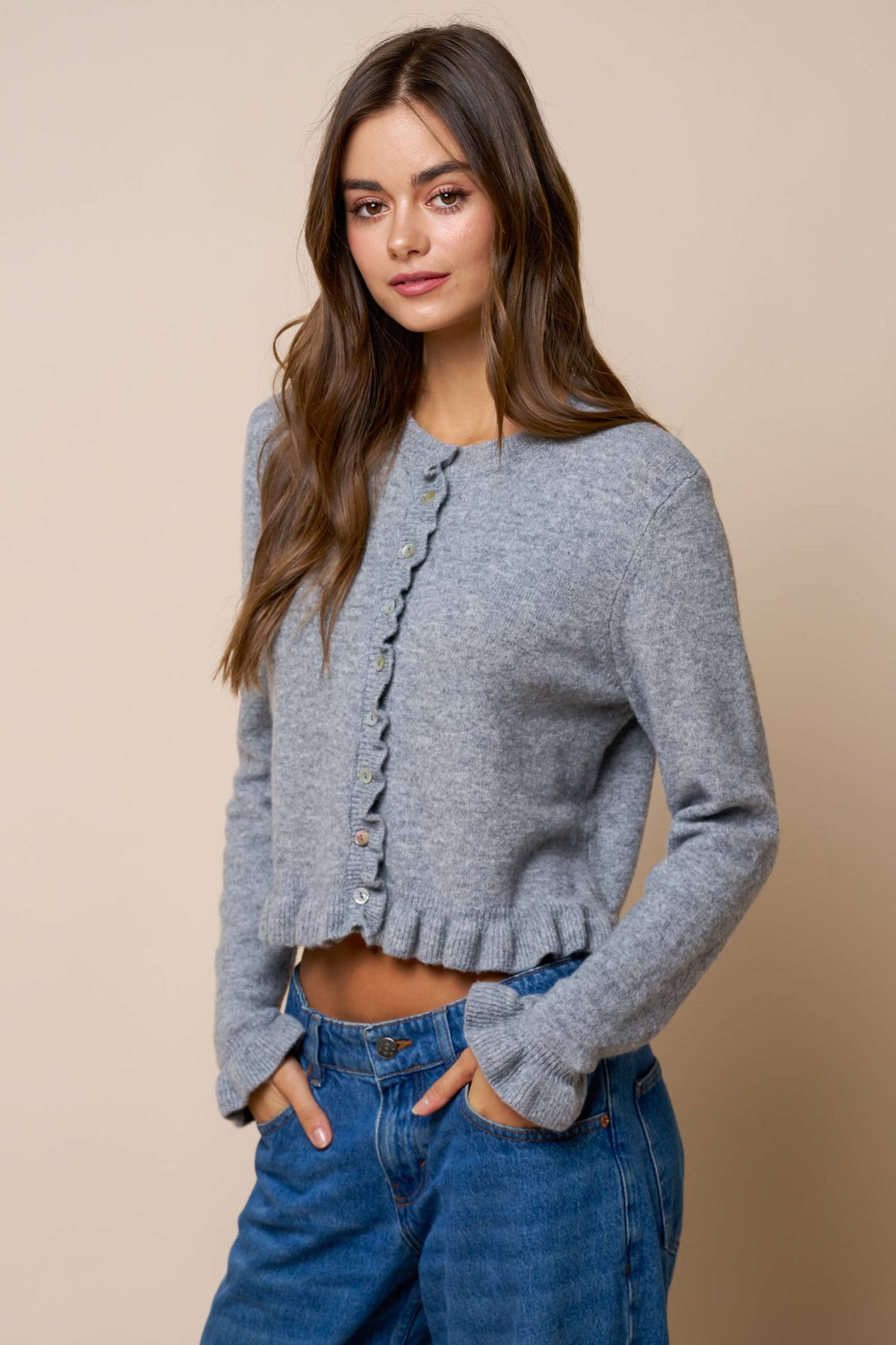 Ruffled Hem Long Sleeve Sweater Button-Down Cardigan