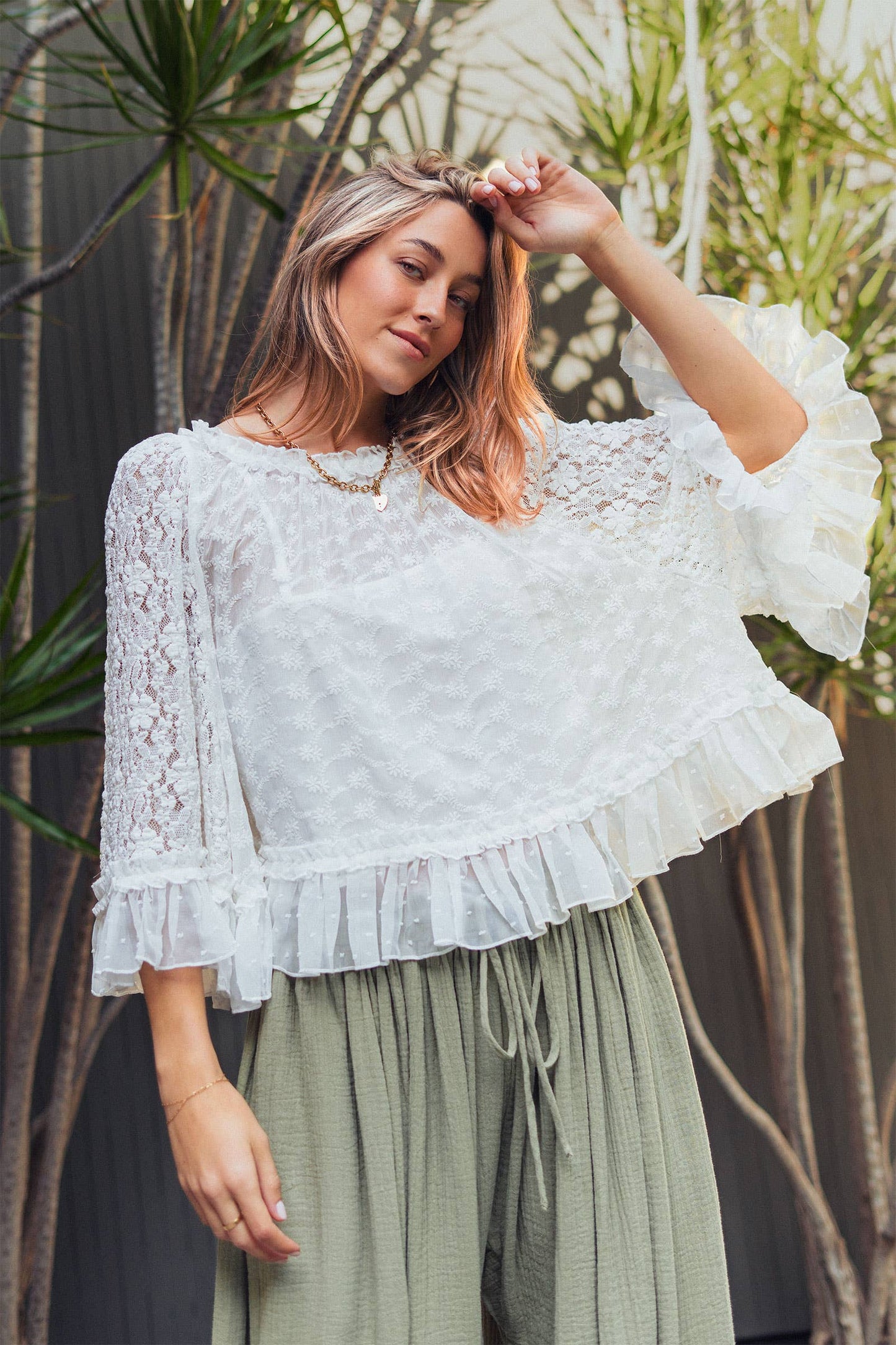 Swiss Dot Lace Flutter Sleeve Top