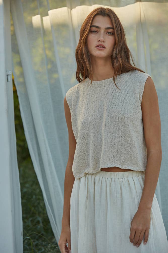 Knit Sweater Crew Neck Sleeveless Crop Top