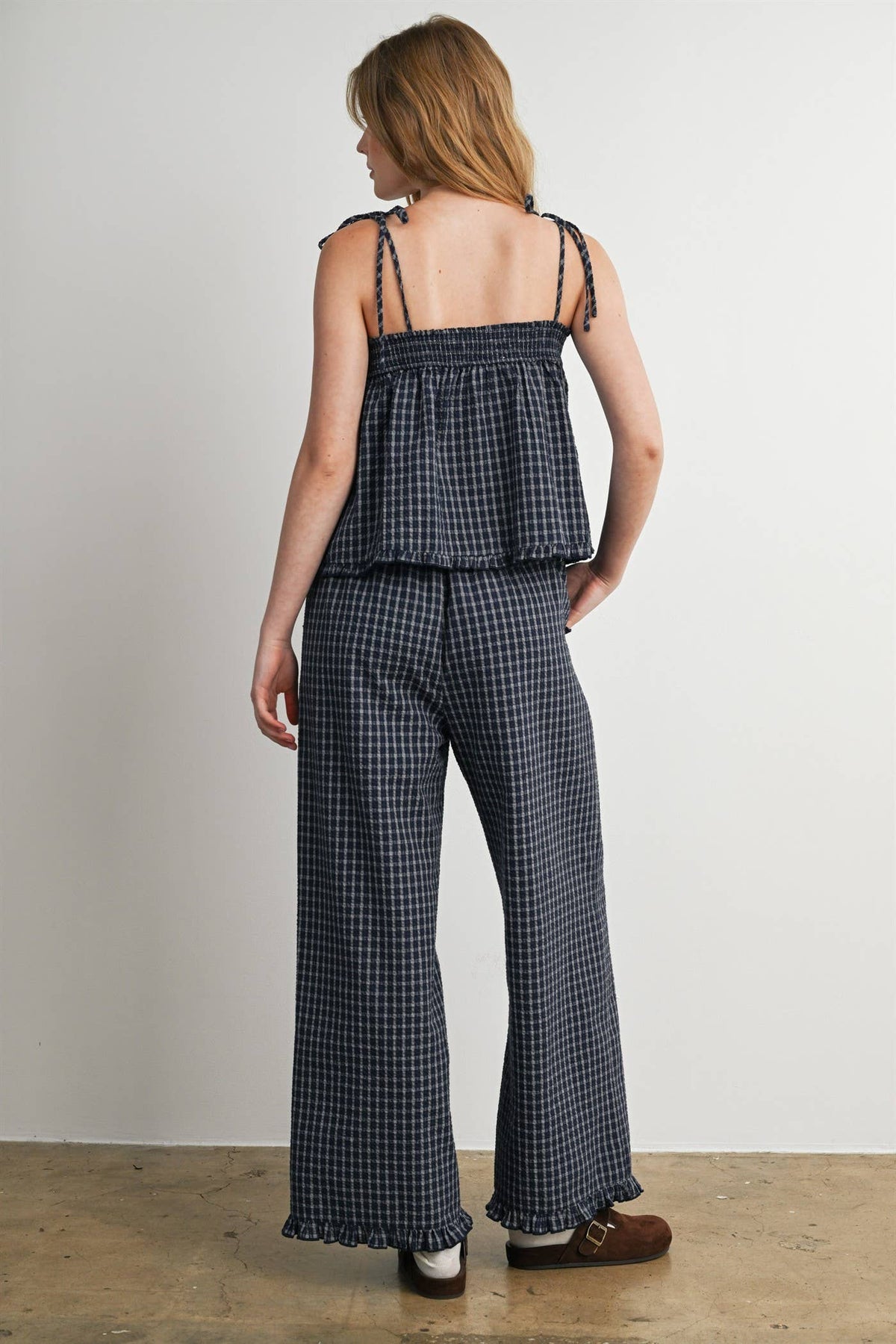Gingham Drawstring Wide Leg Pants