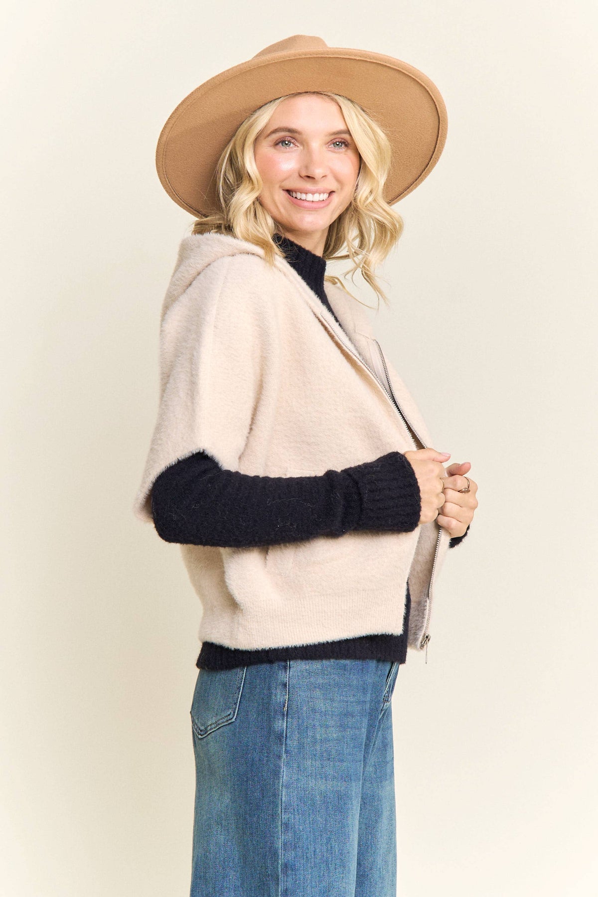 Short Sleeve Hooded Zip Up Fuzzy Sweater