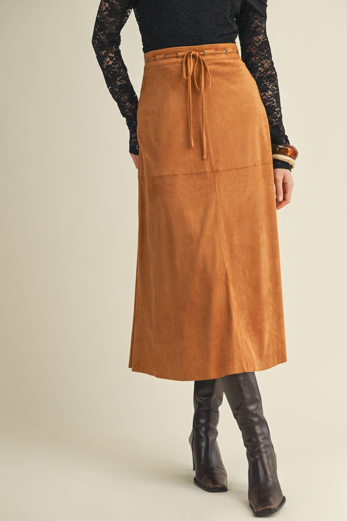 Drawstring Waist Sueded A-Line Skirt