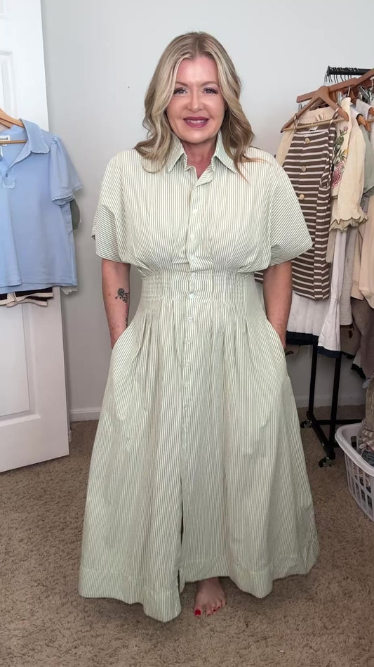 Woven Cotton Polyester Striped Pleated Flare Dress