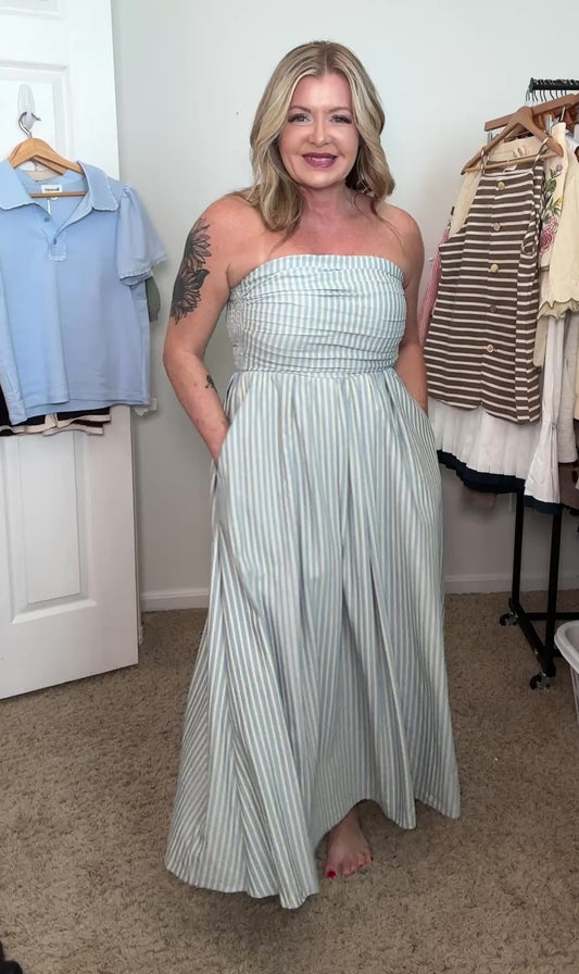 Striped Strapless Flare Maxi Dress